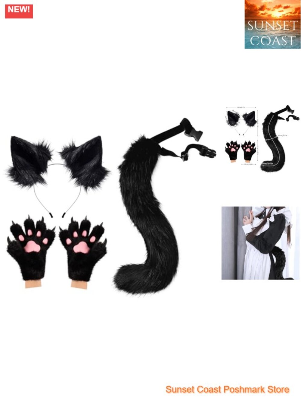 Faux Fur Fox Wolf Ears Headband Tail Plush Cat Paw Mittens Set
